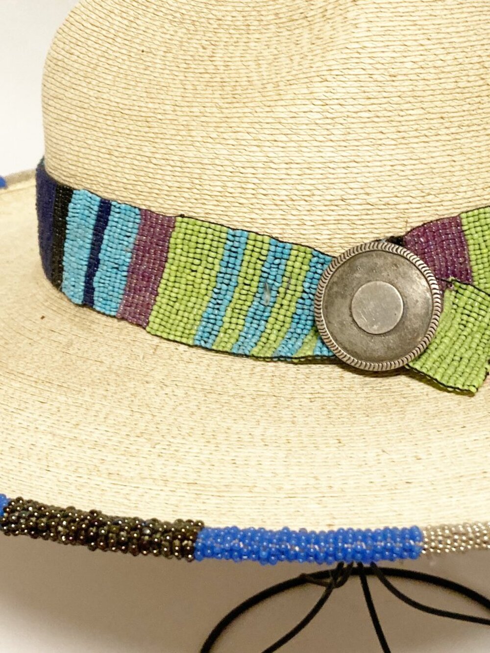 Hand Beaded SunBody Palm Leaf Hat Western Boho Artisan Unique Wearable Art - Picture 6 of 12